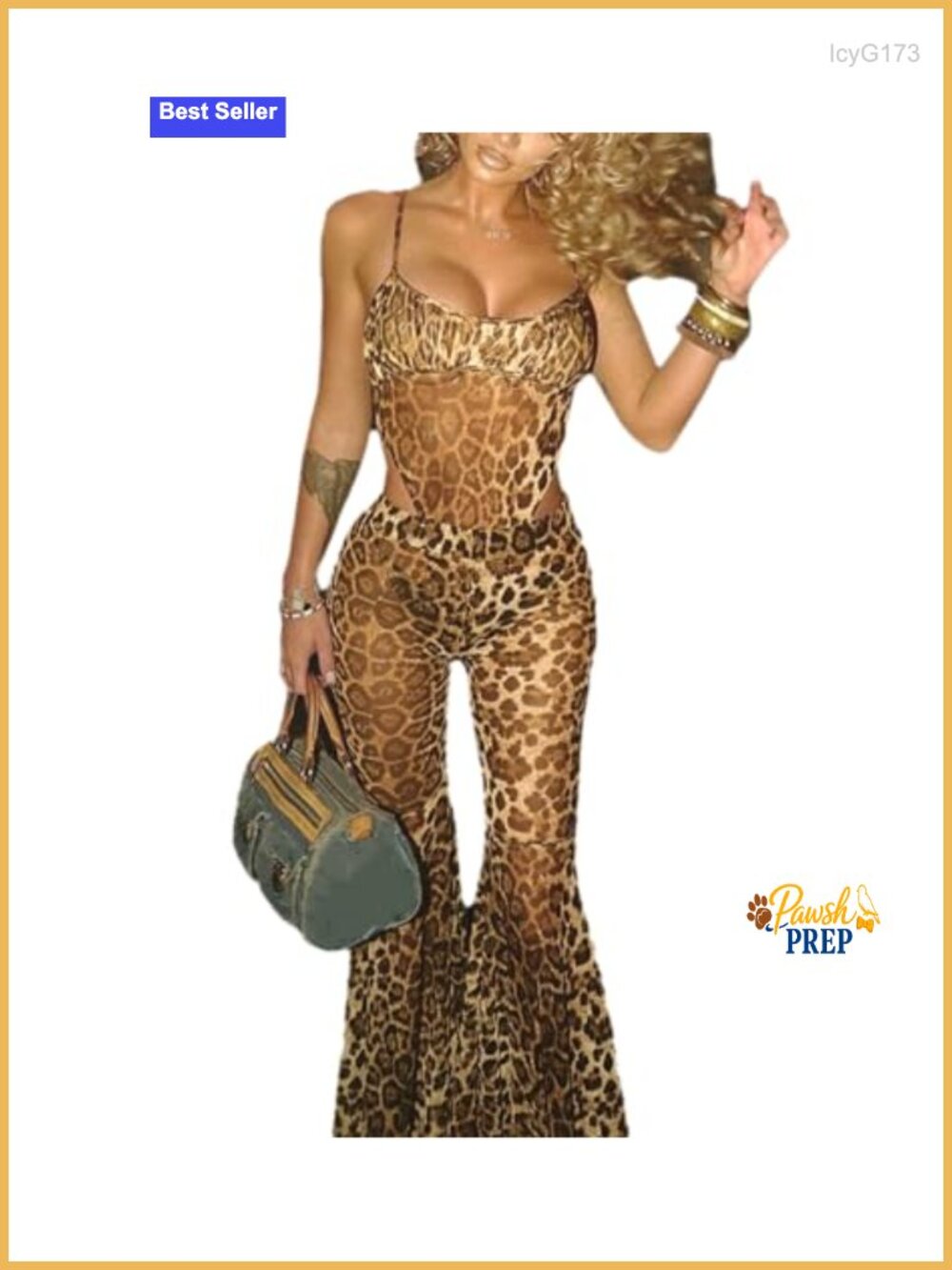 See Through Leopard Print Two Piece Set Sleeveless Clubwear Bodysuit & Pants